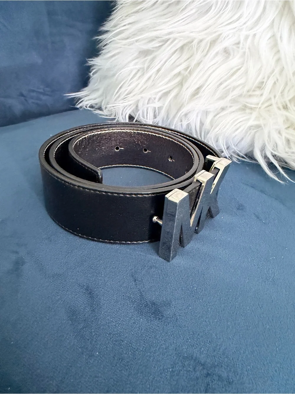 Michael Kors Black Leather Belt with Silver MK Logo Buckle